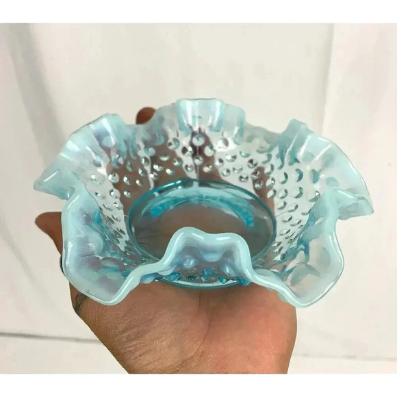 Vintage Other - VTG Fenton Ruffled Blue Hobnail Glass Candy Dish Crimped Edges Home Decor